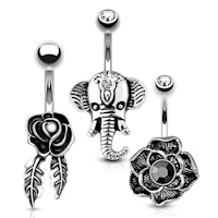 Liten ask med 3 sorterade navelpiercings - med kubisk zirconia och naturlig sten