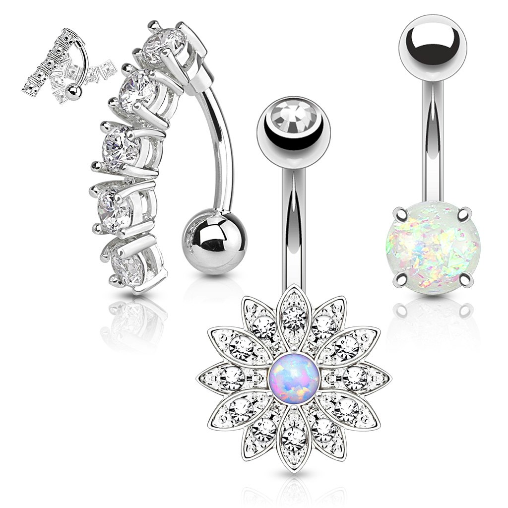 Förvaringsask med 3st navelsmycken med kubisk zirconia / syntetisk opal