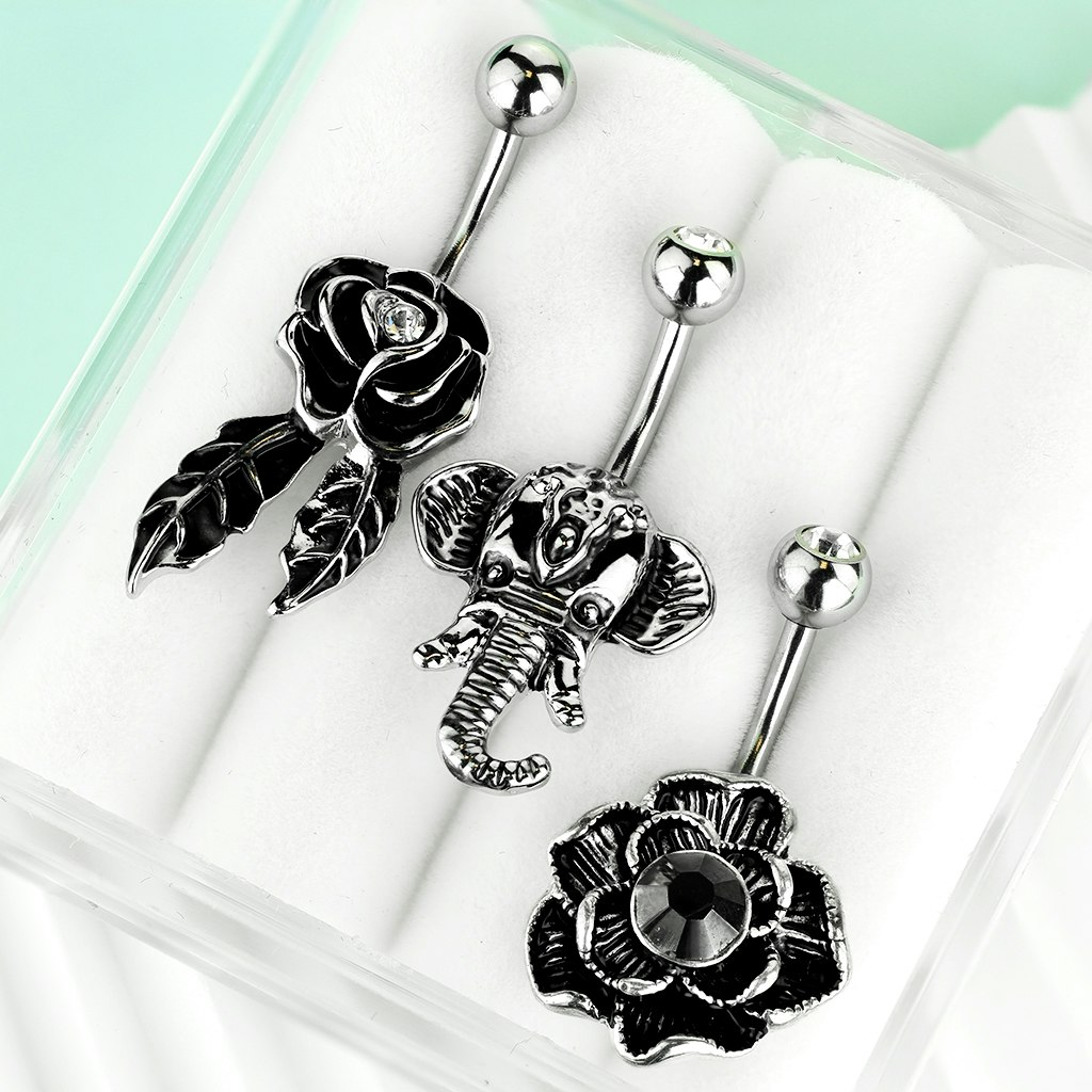 Liten ask med 3 sorterade navelpiercings - med kubisk zirconia och naturlig sten