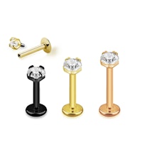 Labret / flat back piercing i PVD titanium - invändigt gängad 1,2mm prong-set 3mm kubisk zirconia