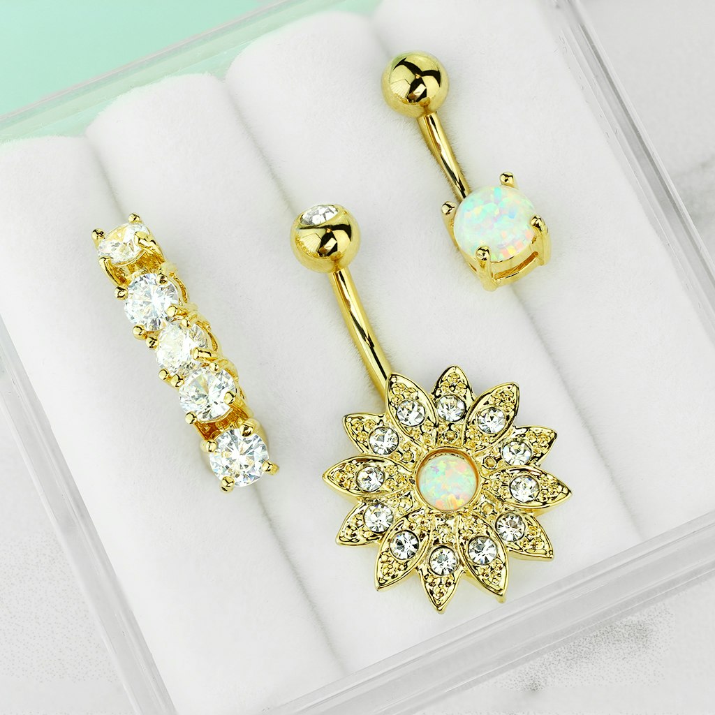 Förvaringsask med 3st navelsmycken med kubisk zirconia / syntetisk opal