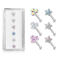 Liten ask med 6st nässmycken med treenighet och blomformade toppar med cubic zirconia