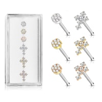Liten ask med 6st nässmycken - kors och blomma med kubisk zirconia