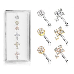 Liten ask med 6st nässmycken - kors och blomma med kubisk zirconia