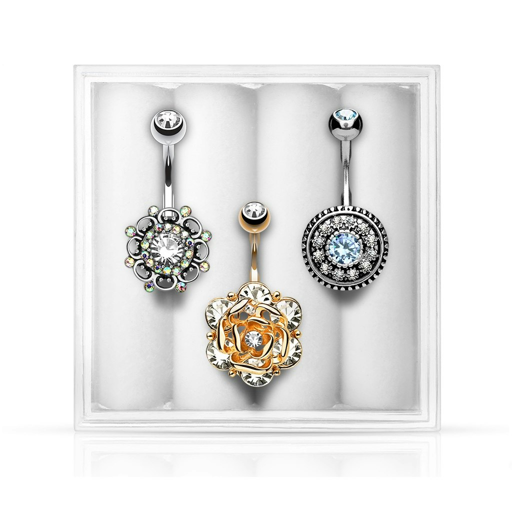 Liten ask med 3st navelpiercingar - olika modeller med kubisk zirconia