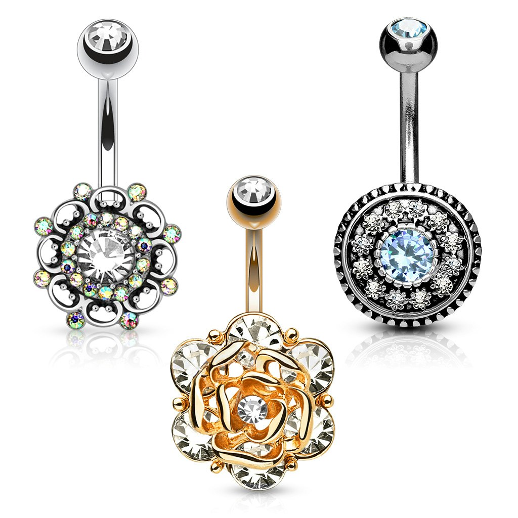 Liten ask med 3st navelpiercingar - olika modeller med kubisk zirconia