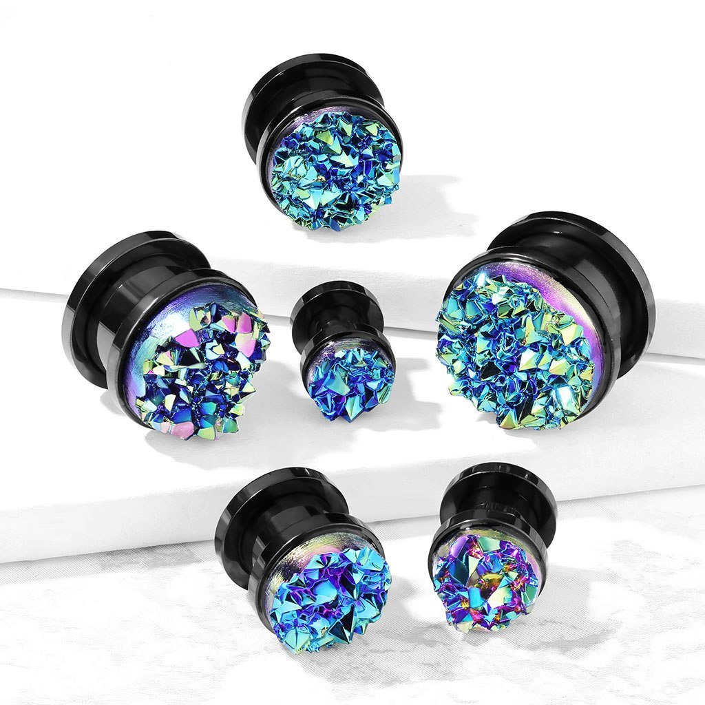 Svartpläterad plugg med blå druzy stone