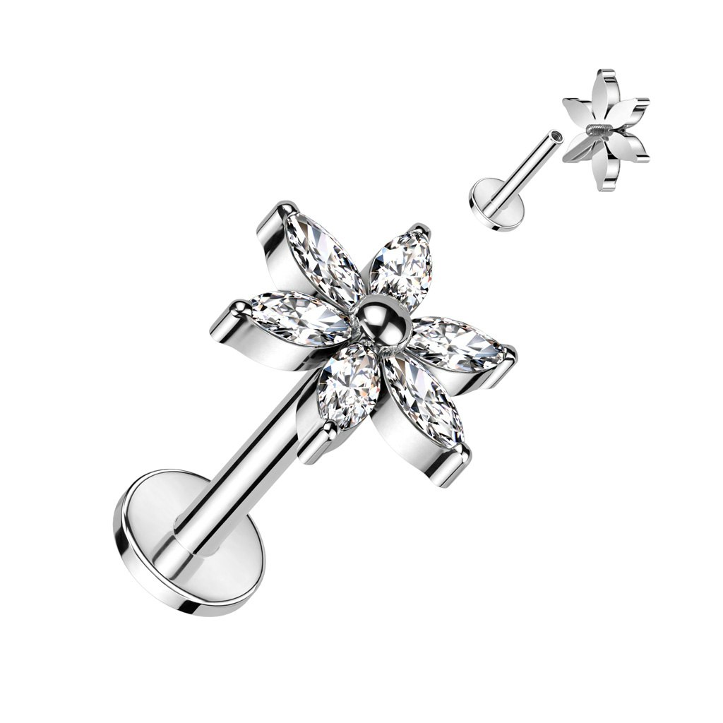 Labret / flat back piercing i titanium 1,2mm - Blomma med marquise kubisk zirconia