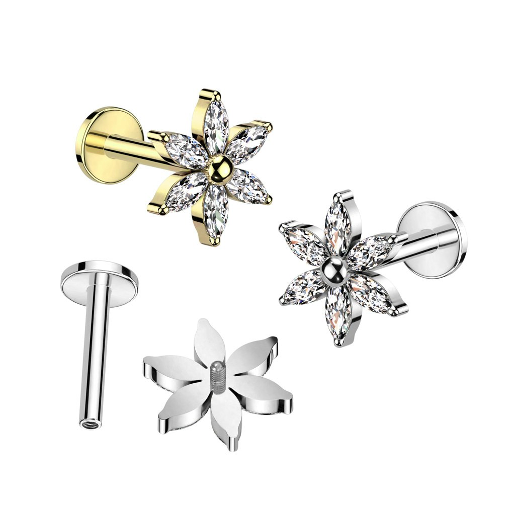 Labret / flat back piercing i titanium 1,2mm - Blomma med marquise kubisk zirconia