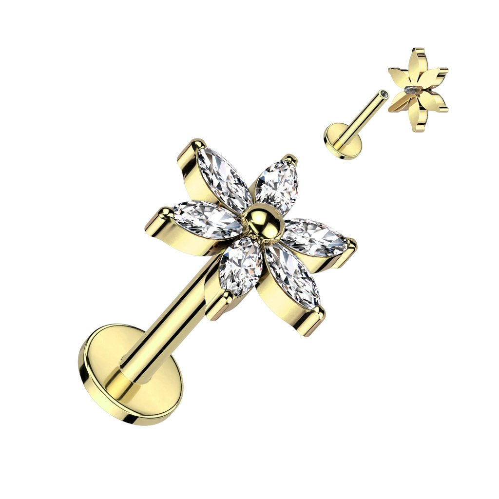 Labret / flat back piercing i titanium 1,2mm - Blomma med marquise kubisk zirconia