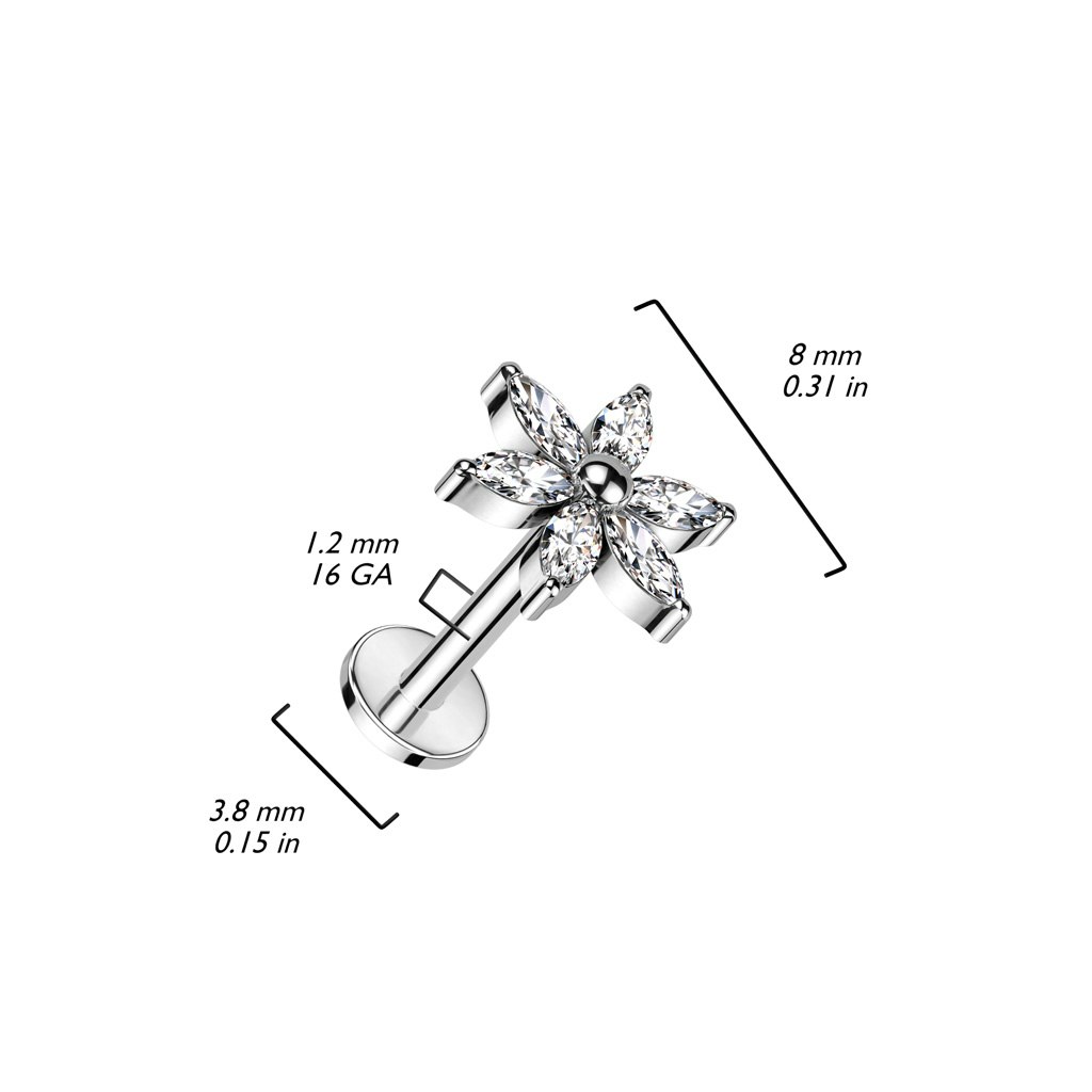 Labret / flat back piercing i titanium 1,2mm - Blomma med marquise kubisk zirconia