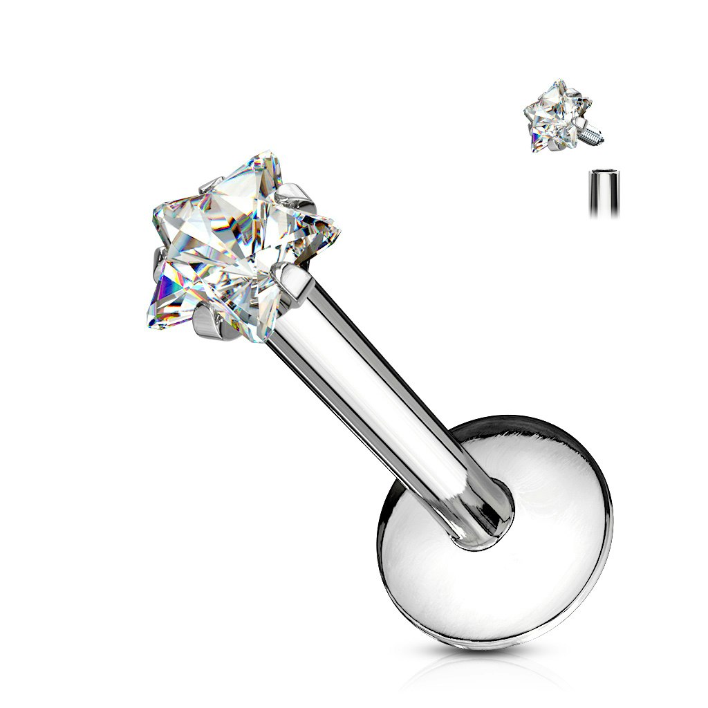 Labret i kirurgiskt stål 1,2mm invändigt gängad med stjärnformad kubisk zirconia