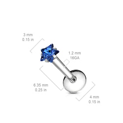 Labret i kirurgiskt stål 1,2mm invändigt gängad med stjärnformad kubisk zirconia