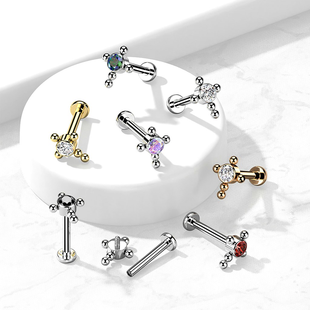 Labret / flat back piercing i titanium 1,2mm - Kors med kubisk zirconia och kulor