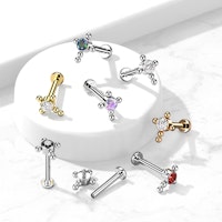 Labret / flat back piercing i titanium 1,2mm - Kors med kubisk zirconia och kulor