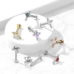 Labret / flat back piercing i titanium 1,2mm - Kors med kubisk zirconia och kulor