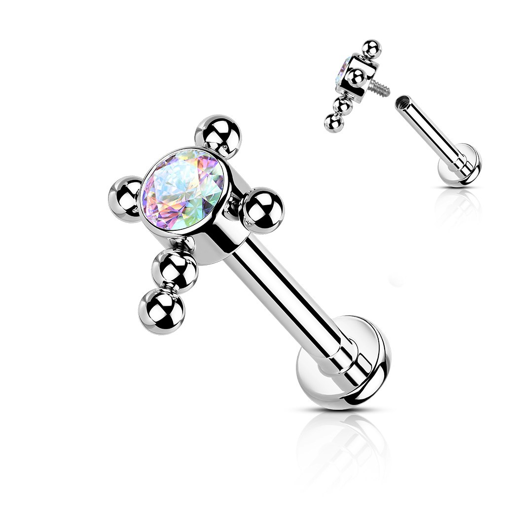 Labret / flat back piercing i titanium 1,2mm - Kors med kubisk zirconia och kulor