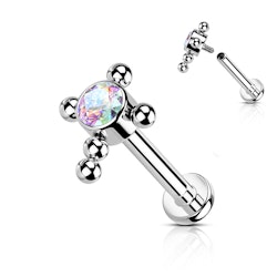 Labret / flat back piercing i titanium 1,2mm - Kors med kubisk zirconia och kulor