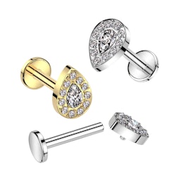 Labret / flat back piercing i titanium 1,2mm - Droppe med kubisk zirconia