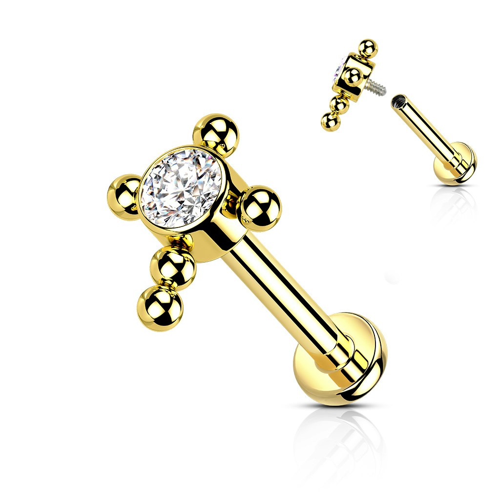 Labret / flat back piercing i titanium 1,2mm - Kors med kubisk zirconia och kulor
