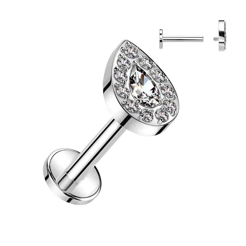 Labret / flat back piercing i titanium 1,2mm - Droppe med kubisk zirconia