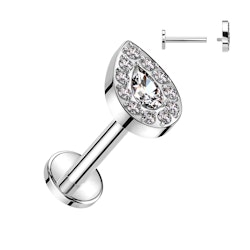 Labret / flat back piercing i titanium 1,2mm - Droppe med kubisk zirconia