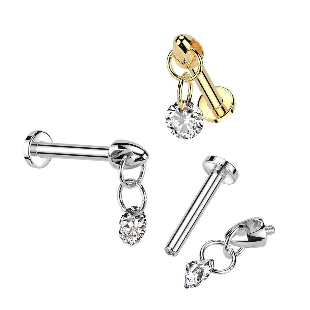 Labret / flat back piercing i titanium 1,2mm - Rund kubisk zirconia i kedja