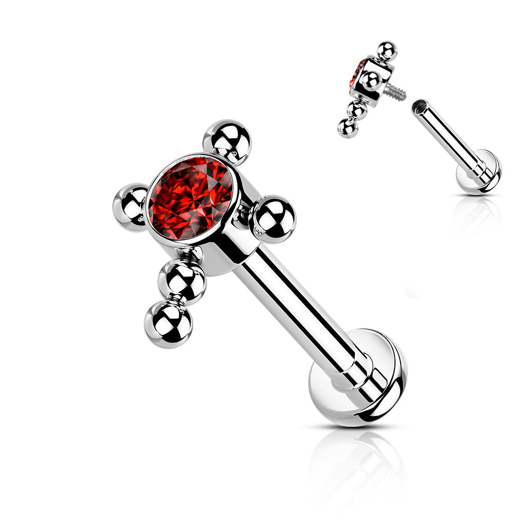 Labret / flat back piercing i titanium 1,2mm - Kors med kubisk zirconia och kulor