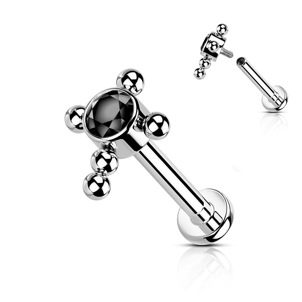 Labret / flat back piercing i titanium 1,2mm - Kors med kubisk zirconia och kulor