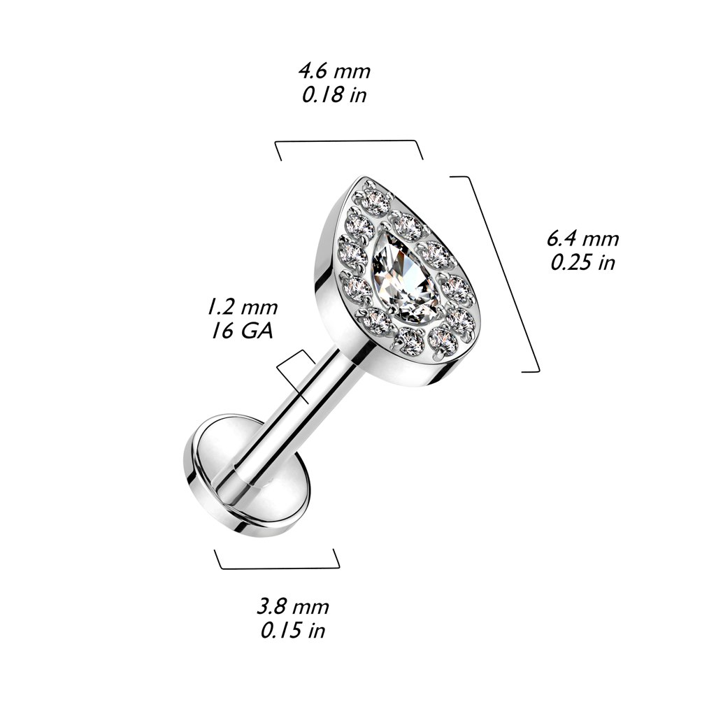 Labret / flat back piercing i titanium 1,2mm - Droppe med kubisk zirconia