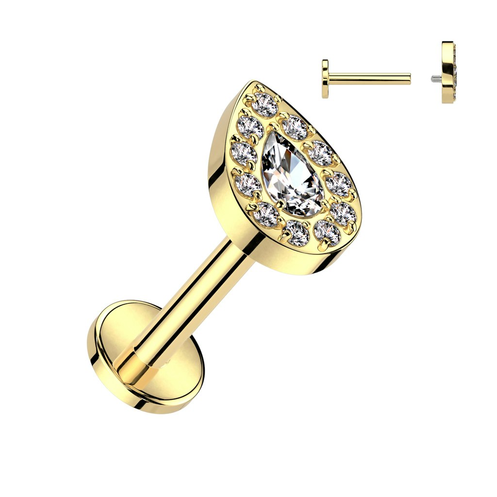 Labret / flat back piercing i titanium 1,2mm - Droppe med kubisk zirconia