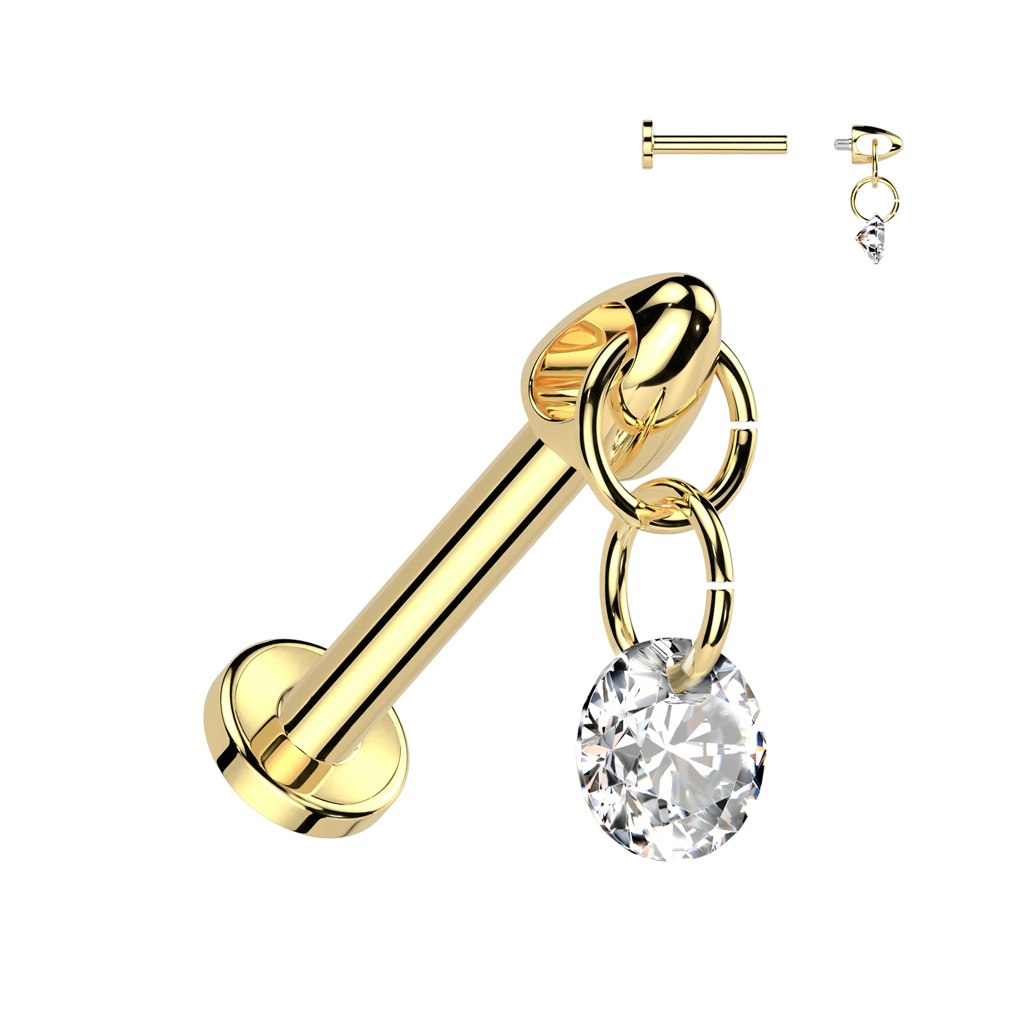 Labret / flat back piercing i titanium 1,2mm - Rund kubisk zirconia i kedja