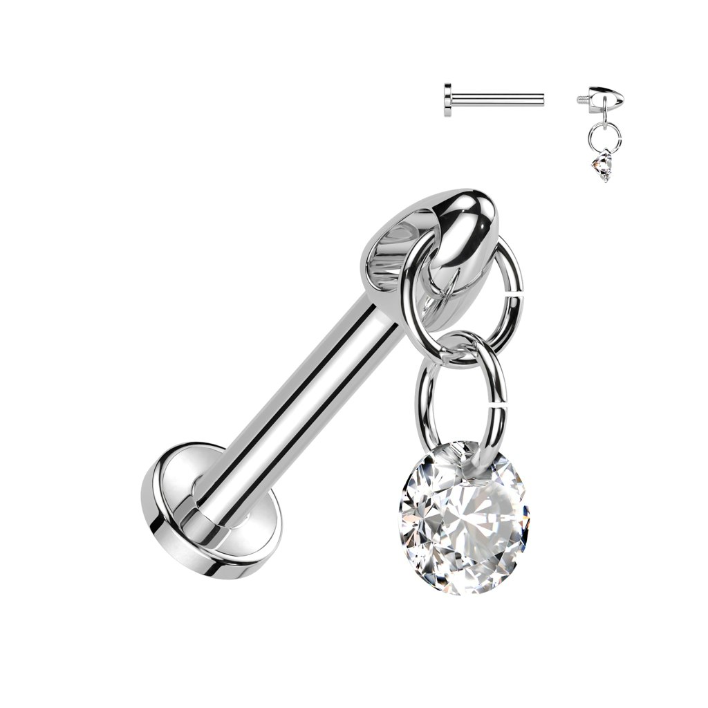 Labret / flat back piercing i titanium 1,2mm - Rund kubisk zirconia i kedja