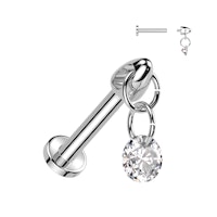 Labret / flat back piercing i titanium 1,2mm - Rund kubisk zirconia i kedja