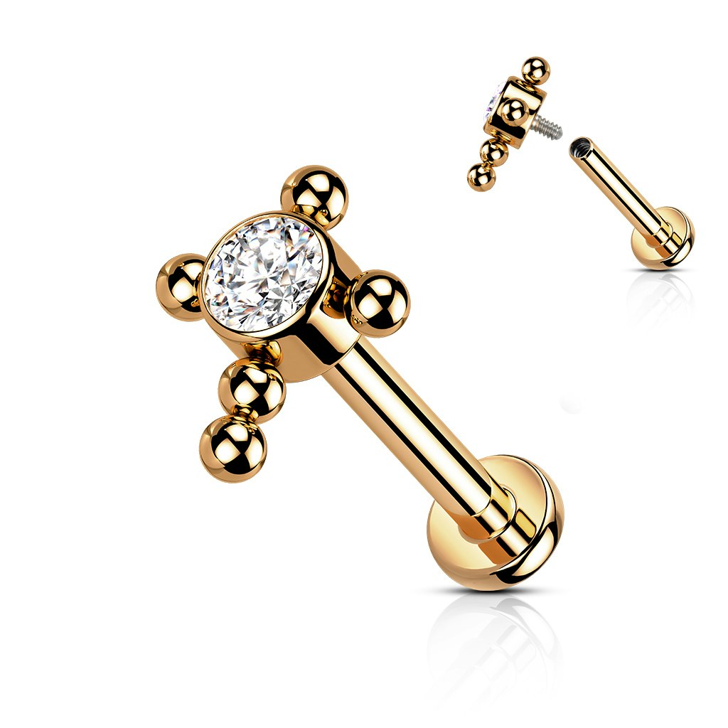 Labret / flat back piercing i titanium 1,2mm - Kors med kubisk zirconia och kulor
