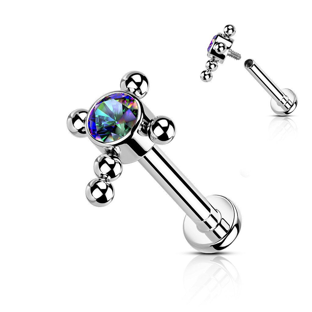 Labret / flat back piercing i titanium 1,2mm - Kors med kubisk zirconia och kulor