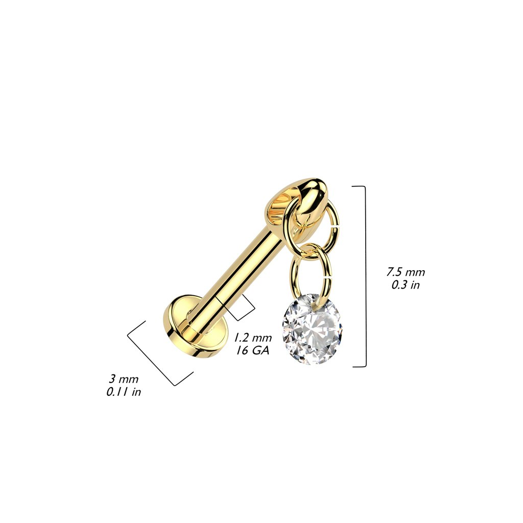 Labret / flat back piercing i titanium 1,2mm - Rund kubisk zirconia i kedja