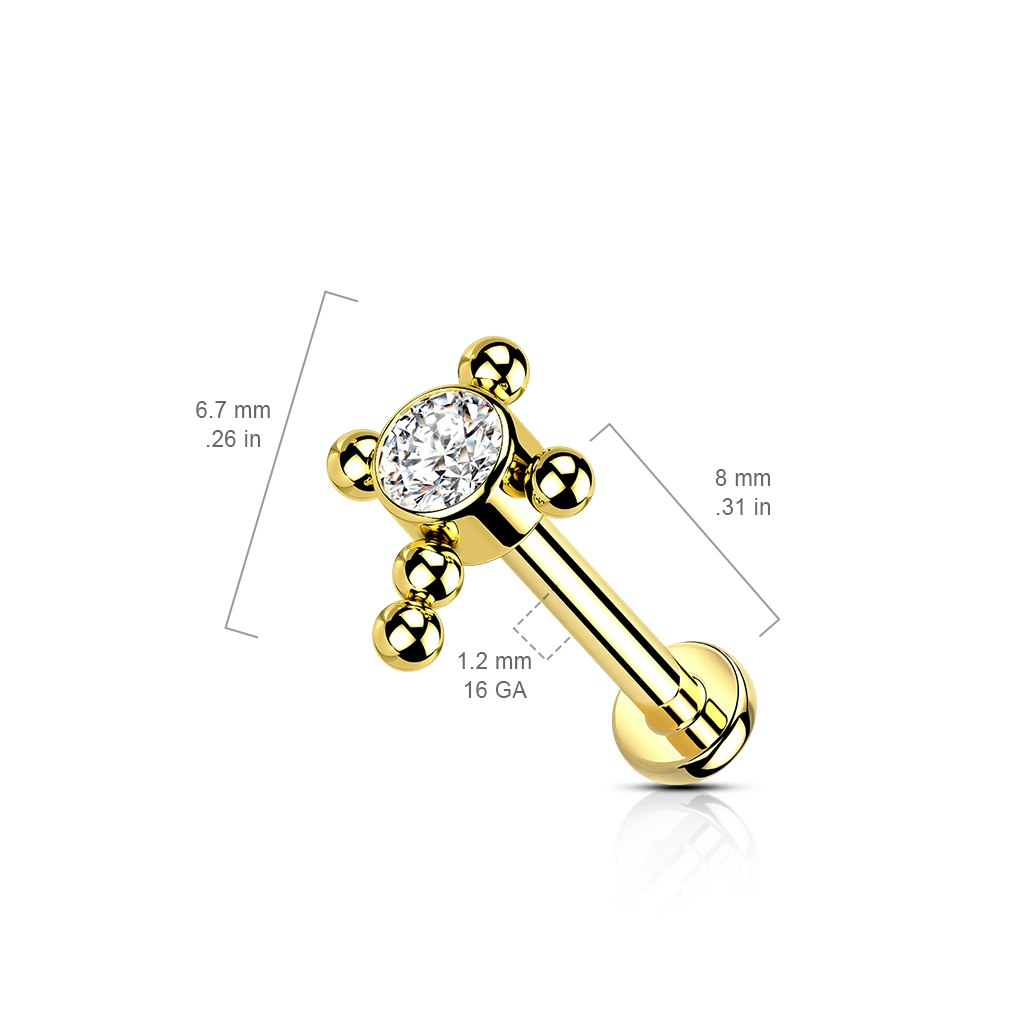Labret / flat back piercing i titanium 1,2mm - Kors med kubisk zirconia och kulor