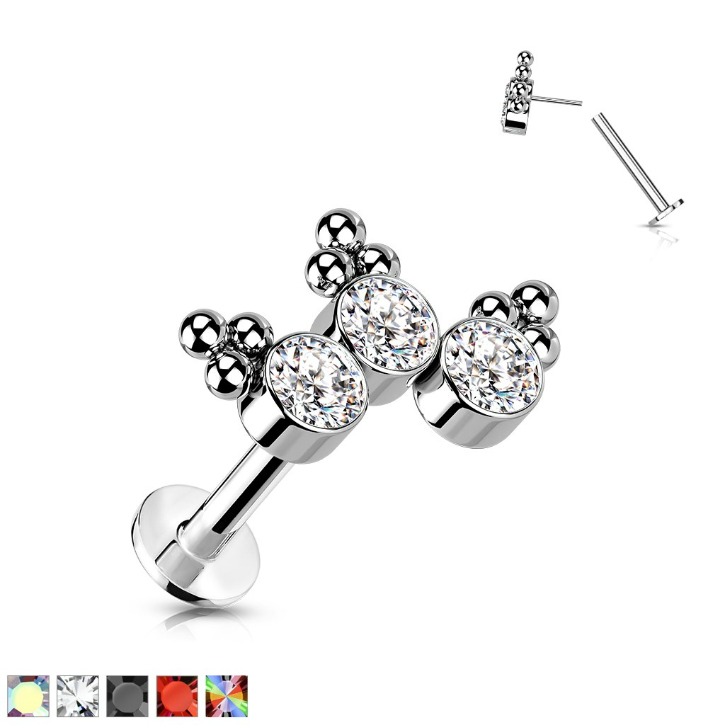 Labret i titanium 1,2mm Threadless flat back piercing - Topp med kluster och kubisk zirconia