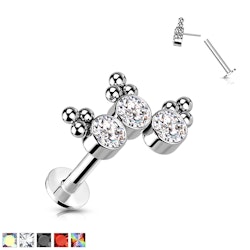 Labret i titanium 1,2mm Threadless flat back piercing - Topp med kluster och kubisk zirconia