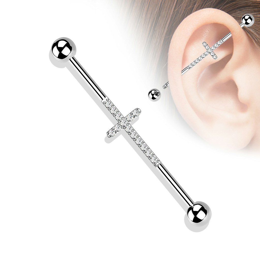 Industrial barbell 1,6mm i titanium med kors och kubisk zirconia