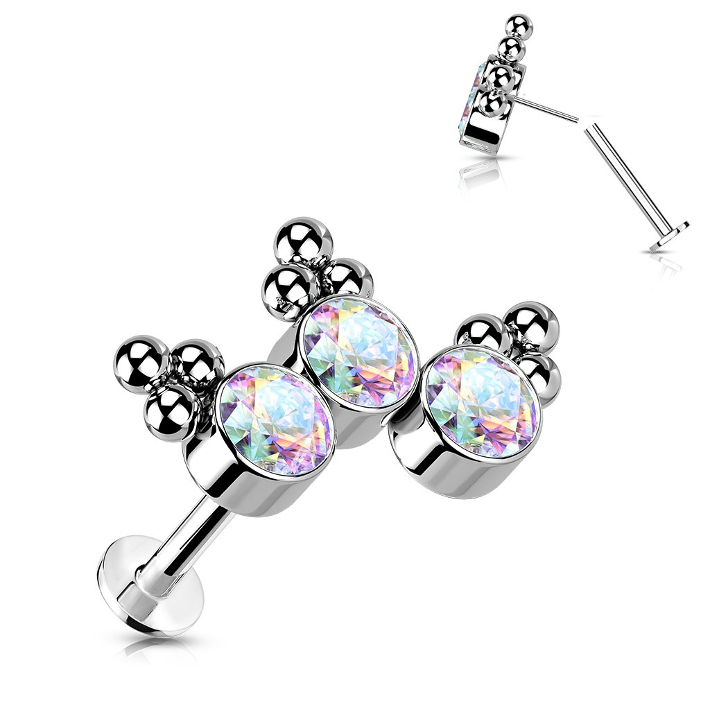 Labret i titanium 1,2mm Threadless flat back piercing - Topp med kluster och kubisk zirconia