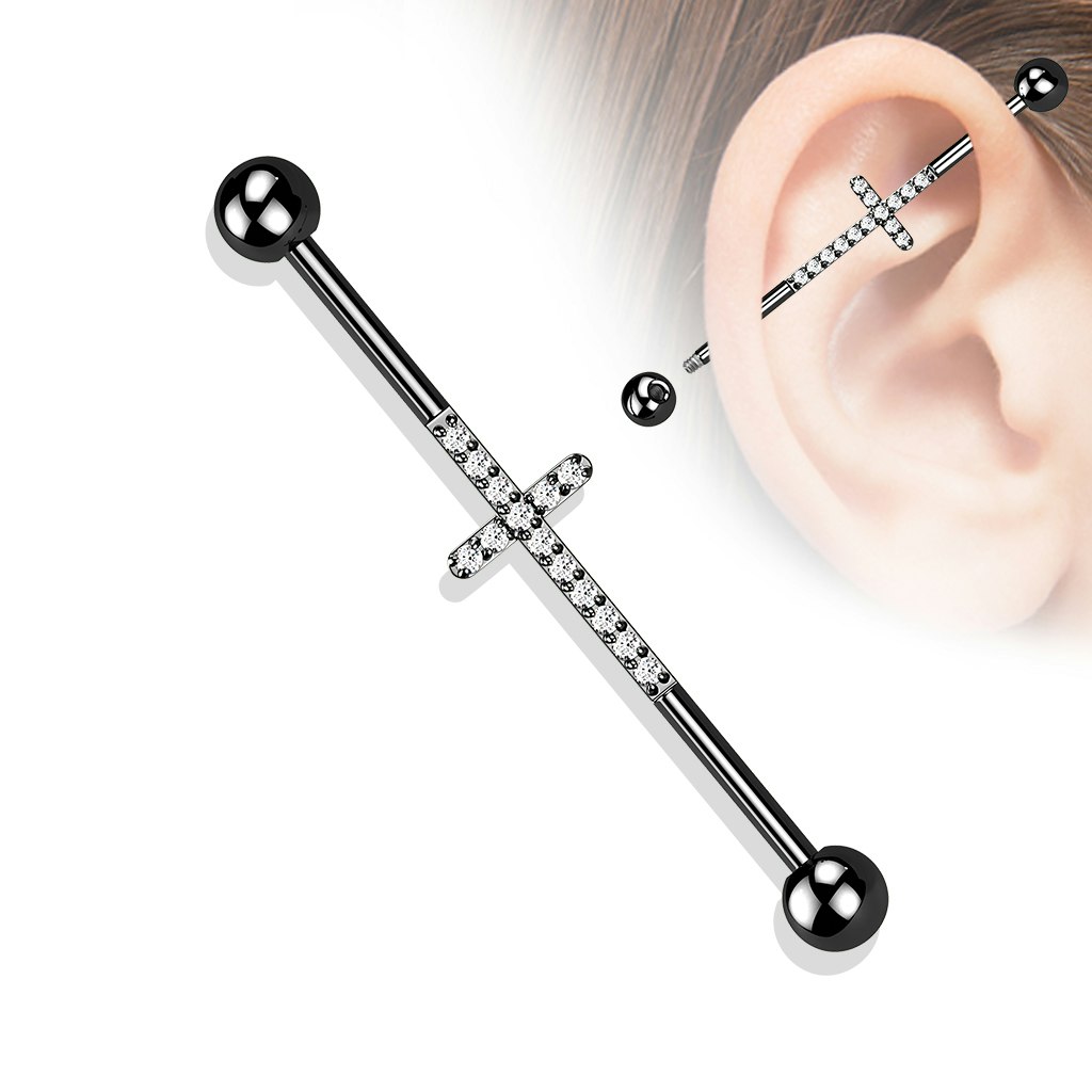 Industrial barbell 1,6mm i titanium med kors och kubisk zirconia