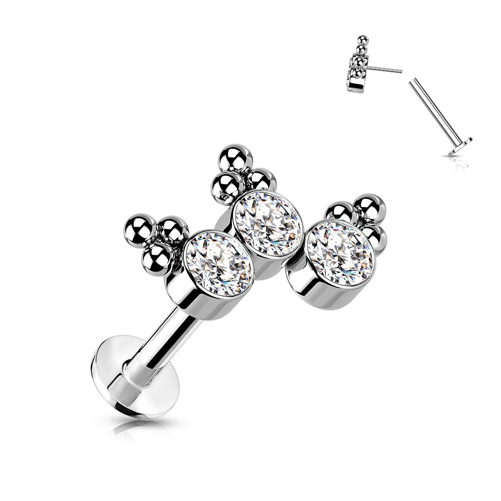 Labret i titanium 1,2mm Threadless flat back piercing - Topp med kluster och kubisk zirconia