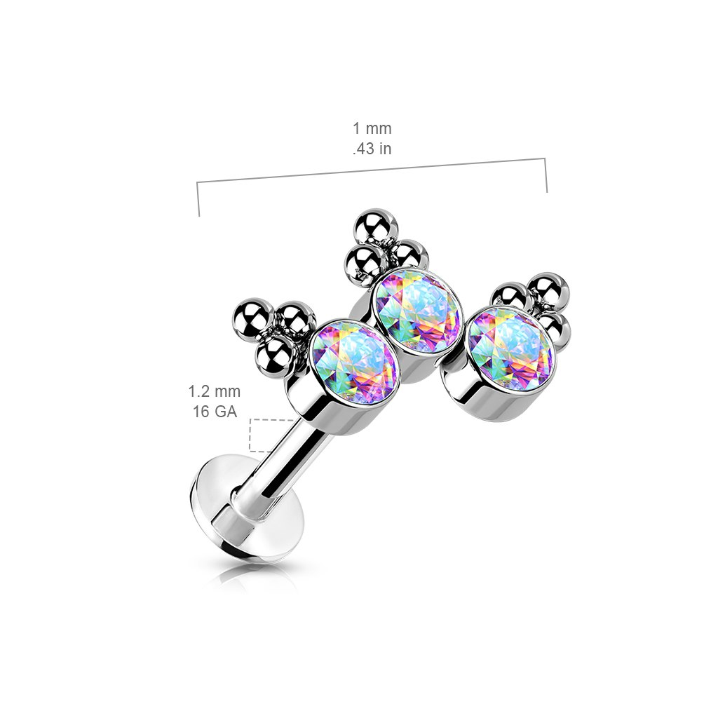 Labret i titanium 1,2mm Threadless flat back piercing - Topp med kluster och kubisk zirconia