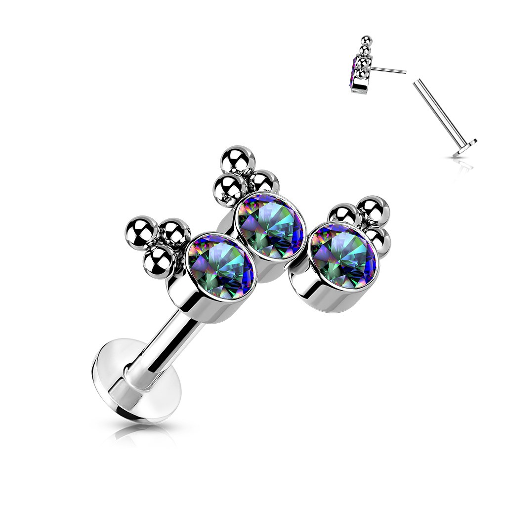 Labret i titanium 1,2mm Threadless flat back piercing - Topp med kluster och kubisk zirconia