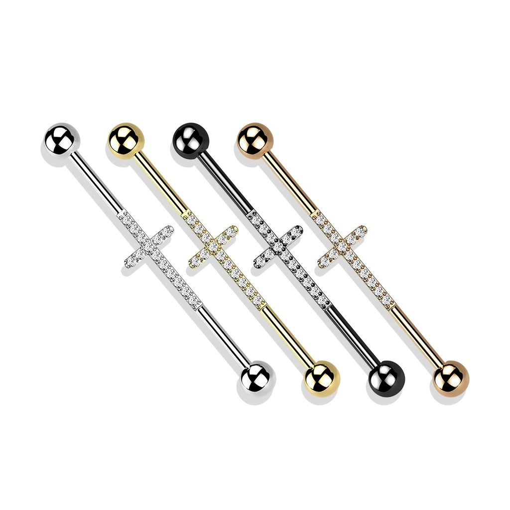Industrial barbell 1,6mm i titanium med kors och kubisk zirconia