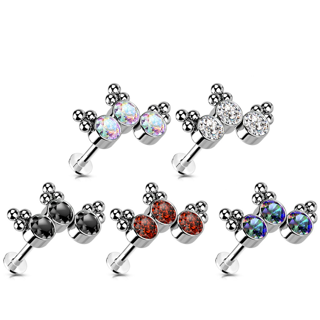 Labret i titanium 1,2mm Threadless flat back piercing - Topp med kluster och kubisk zirconia