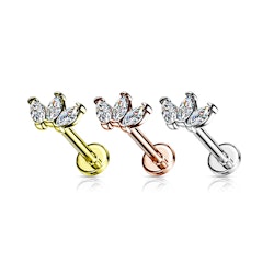 Titanium labret / Flat back piercing 1,2mm Topp med 3st kubisk zirconia