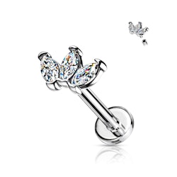 Titanium labret / Flat back piercing 1,2mm Topp med 3st kubisk zirconia